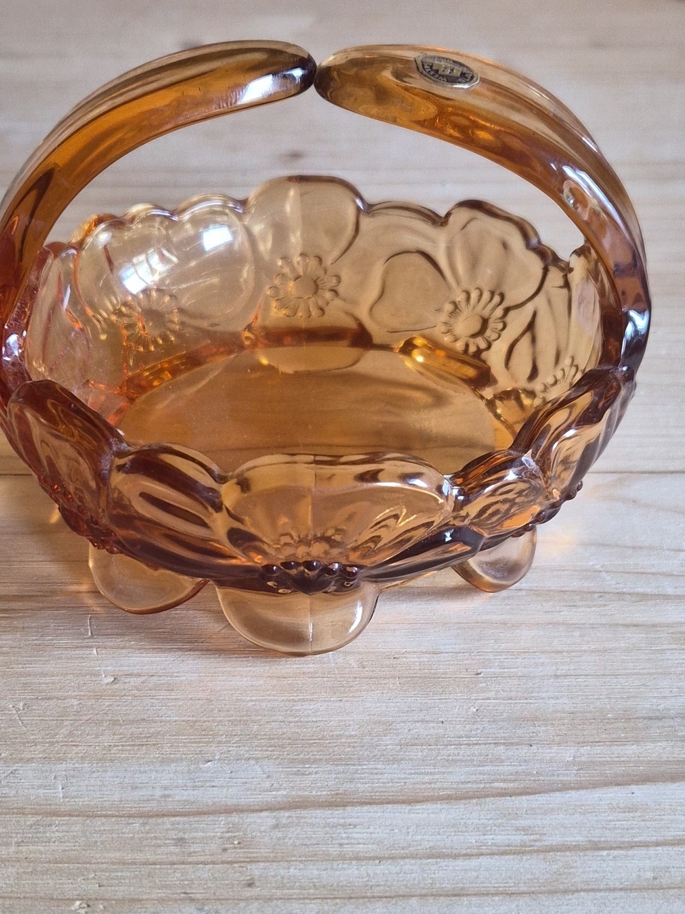 Westmoreland Split Handle Amber Glass Basket Candy Dish Dogwood Pattern VTG 60s